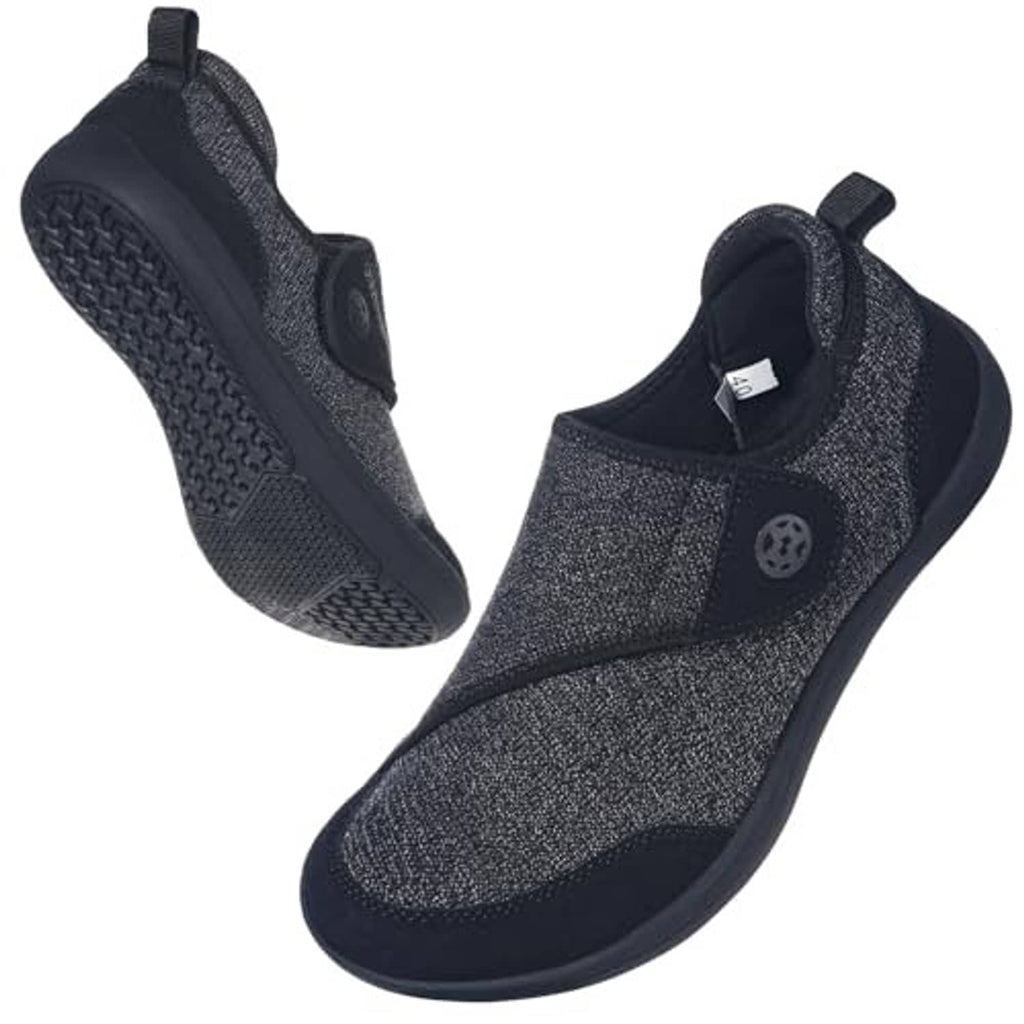 Men’s dark knit slip-on slippers with hook-and-loop strap and circular logo detail