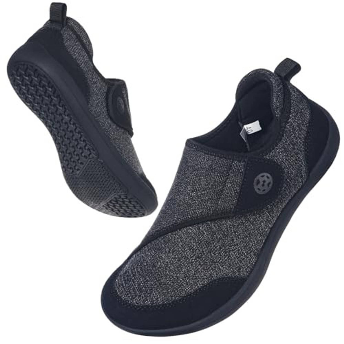 Men’s dark knit slip-on slippers with hook-and-loop strap and circular logo detail