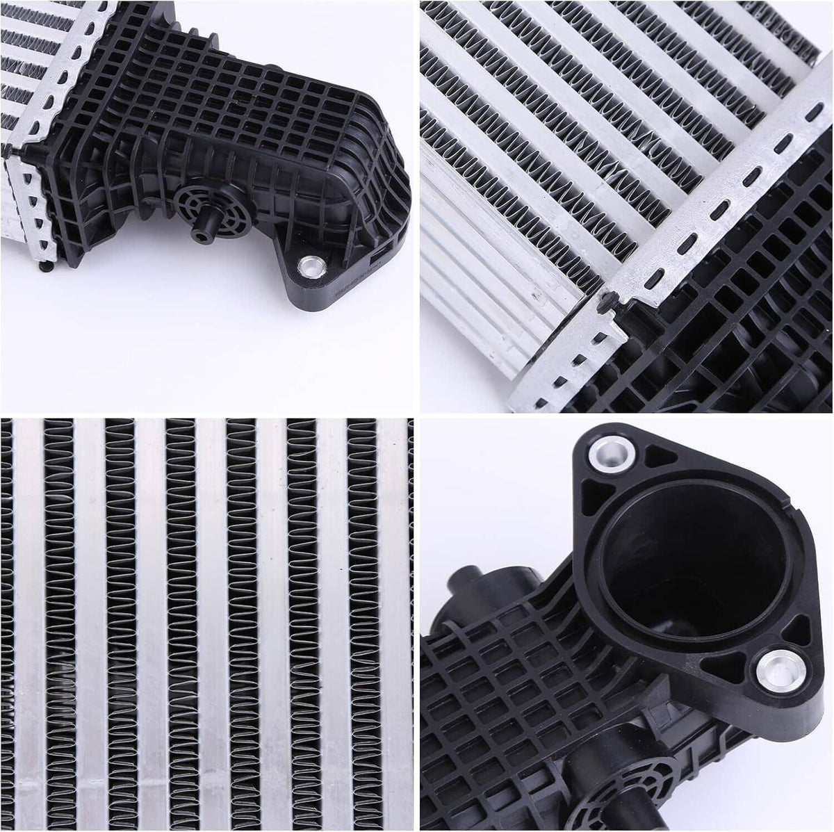 Turbo charge air intercooler close-up: black plastic housing, inlet port, and silver fins