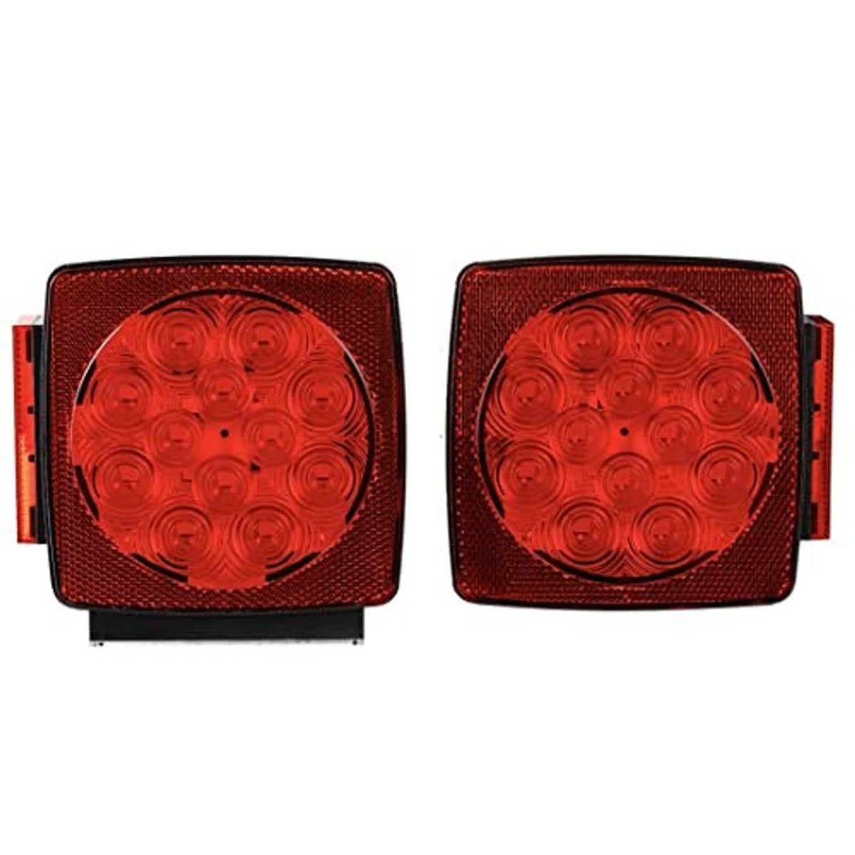Two square red LED tail lights with amber-red lenses, circular LED arrays, black bases