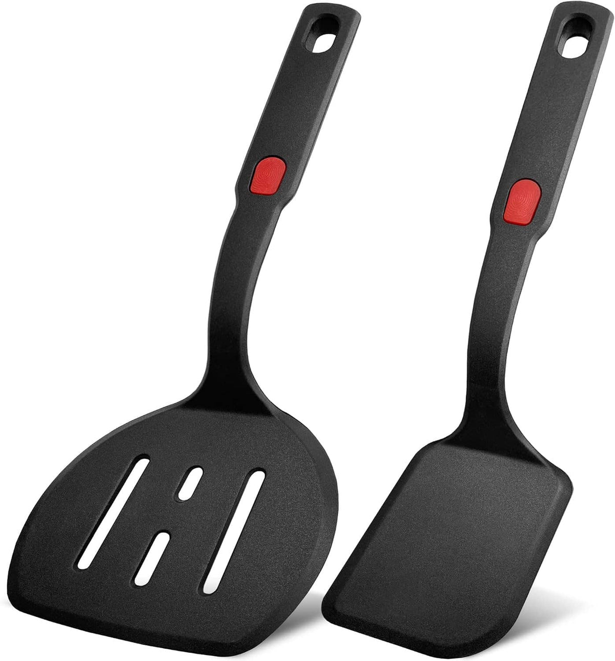 Set of two black silicone pancake spatula turners with red grip accents and slotted heads