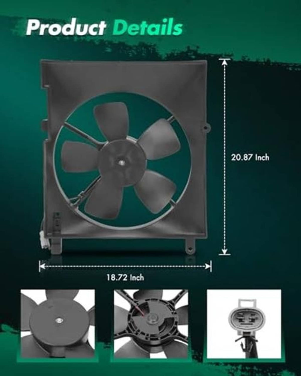 Radiator cooling fan assembly with mounting frame, shown with size measurement lines