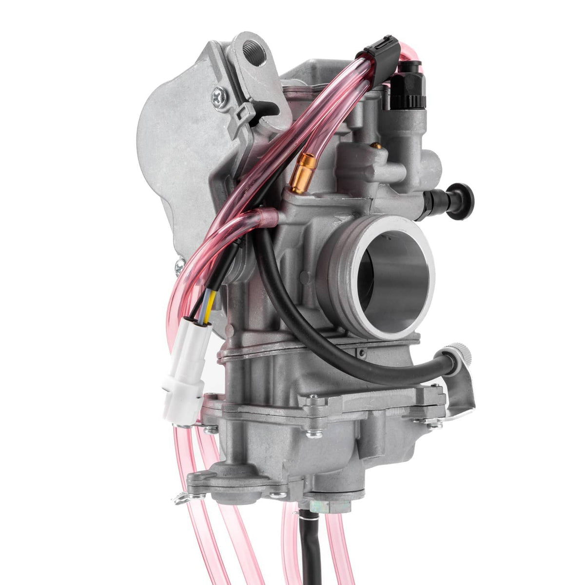 Carburetor with side fittings, gray housing with pink fuel lines and black vacuum hose