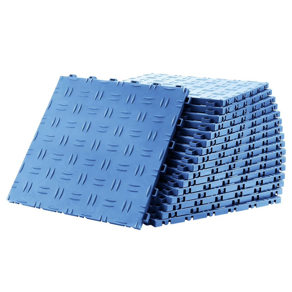 Blue interlocking garage floor tile stack with raised anti-slip pattern and snap edges