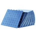 Blue interlocking garage floor tile stack with raised anti-slip pattern and snap edges