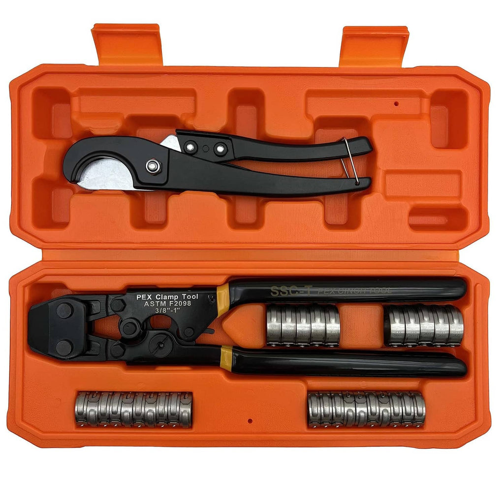 PEX clamp cinch tool kit in orange case with crimping jaws and rings