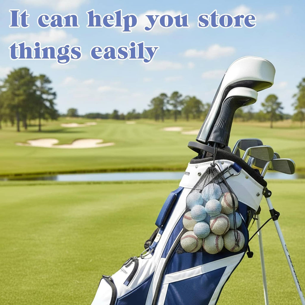 Nylon mesh golf ball bag with drawstring, attached to golf cart holding balls