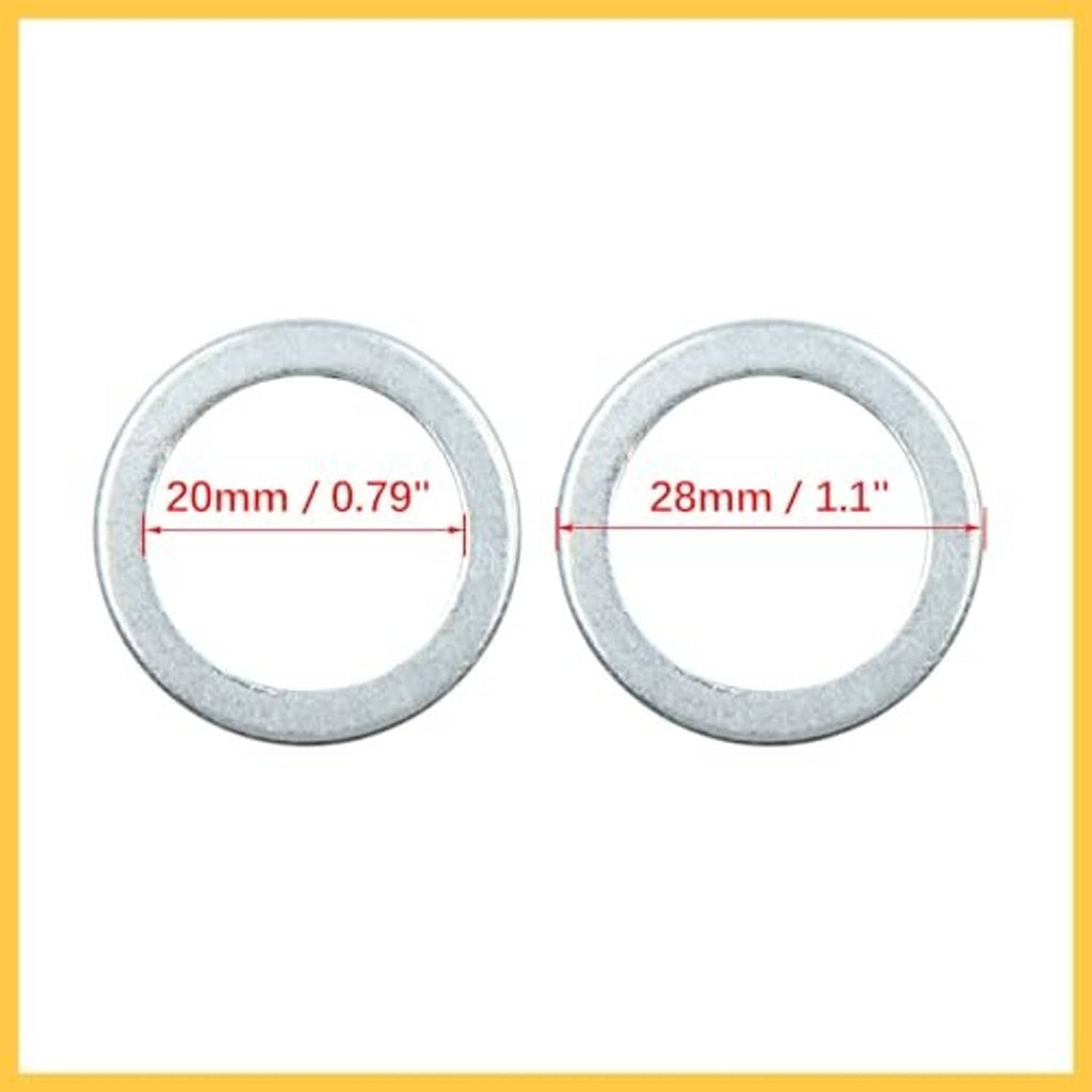 Crush washer size: 20mm ID and 28mm OD, silver-gray flat rings