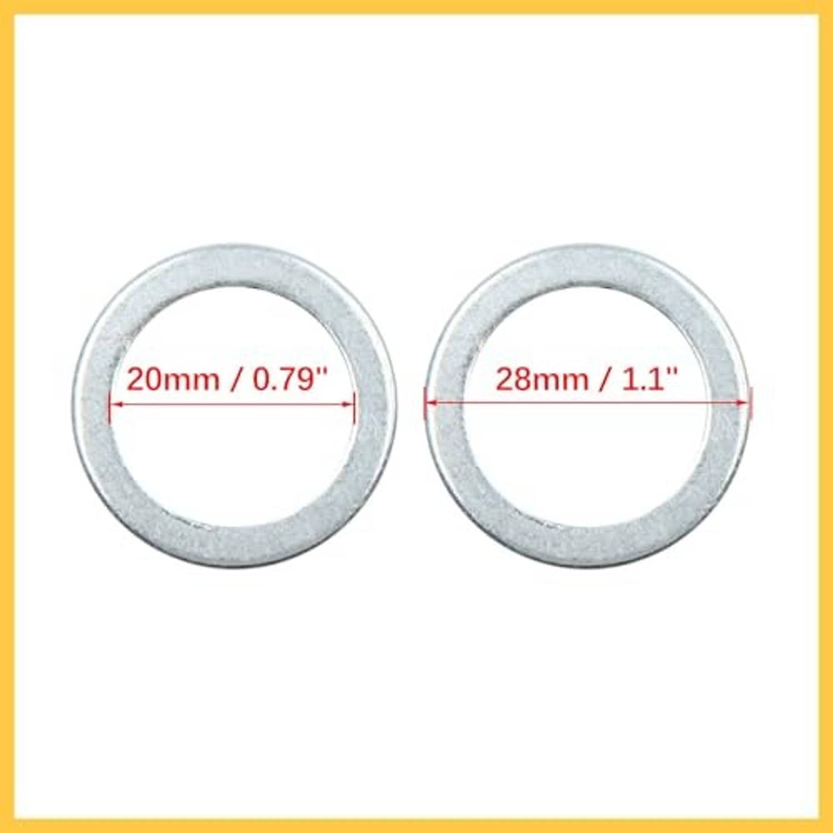 Crush washer size: 20mm ID and 28mm OD, silver-gray flat rings