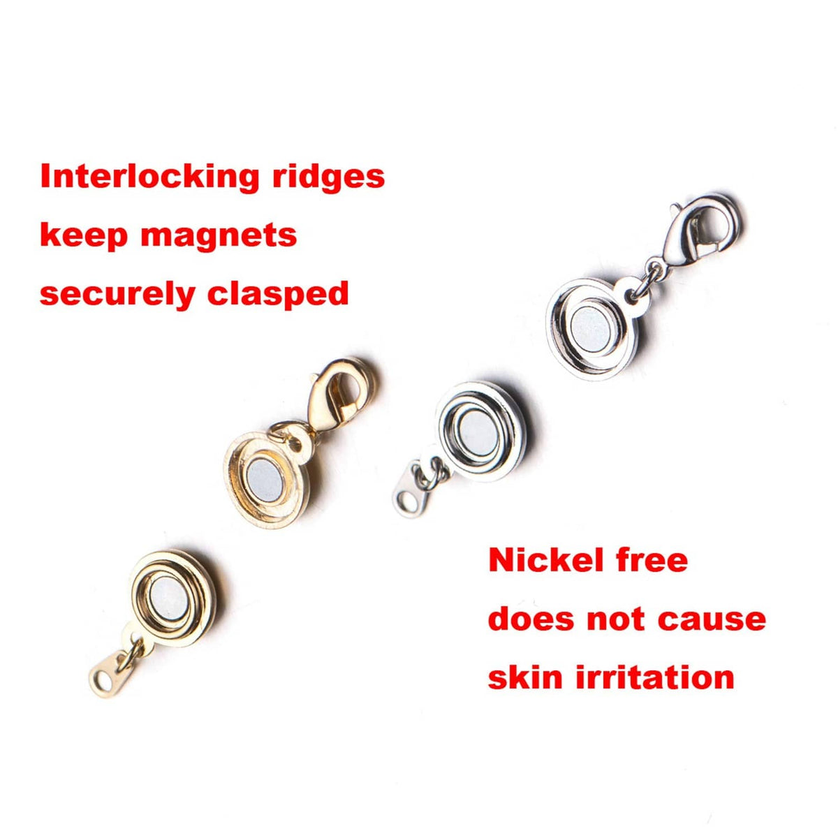 Interlocking magnetic clasp with round discs in gold and silver, chain links and connectors