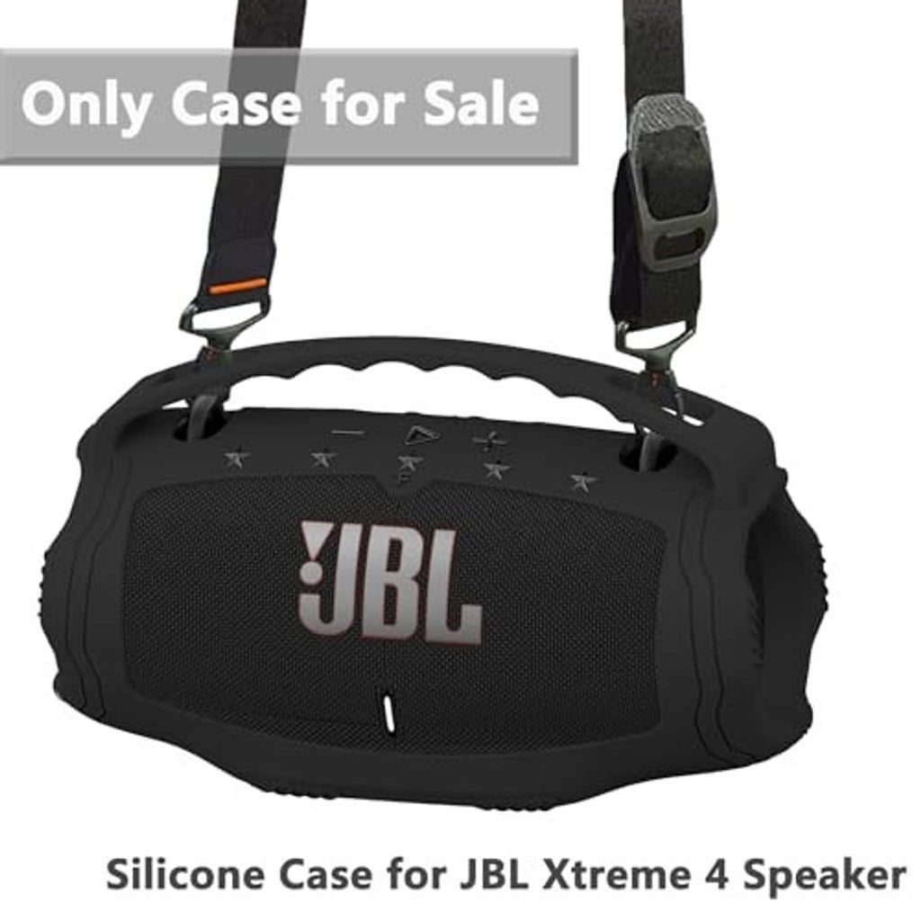 Black silicone speaker case with shoulder straps and front JBL logo