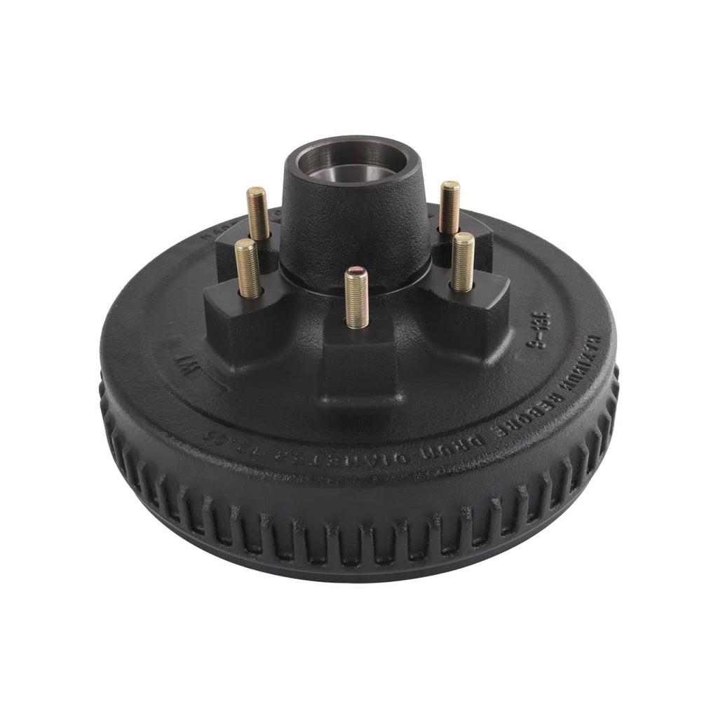 Black trailer brake hub drum kit with center bore and four brass-colored mounting studs