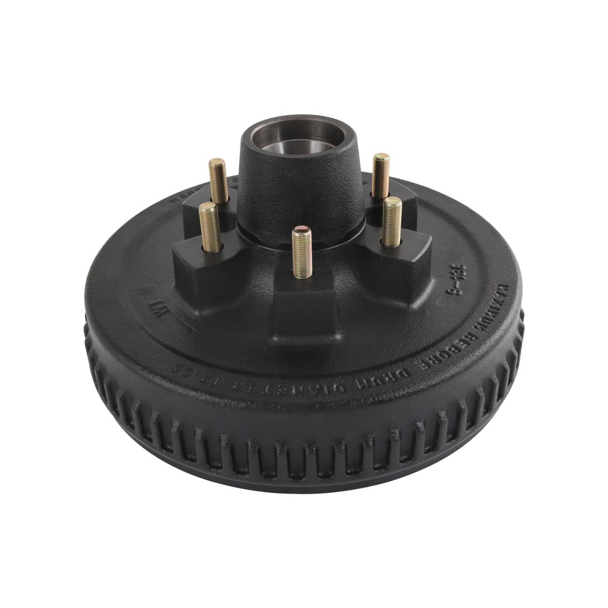 Black trailer brake hub drum kit with center bore and four brass-colored mounting studs