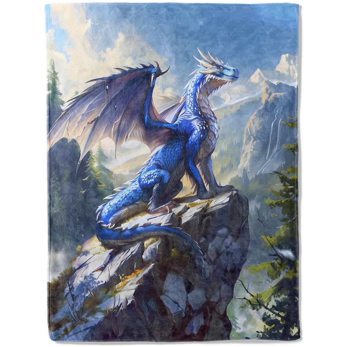 Blue dragon flannel blanket with winged dragon illustration on rocky mountain scene, 50x60in