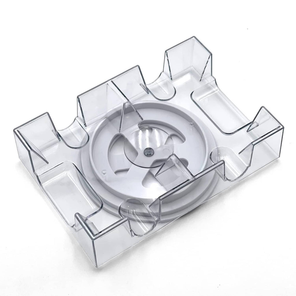 Clear revolving dual-deck card holder with central metal axle and side card slots