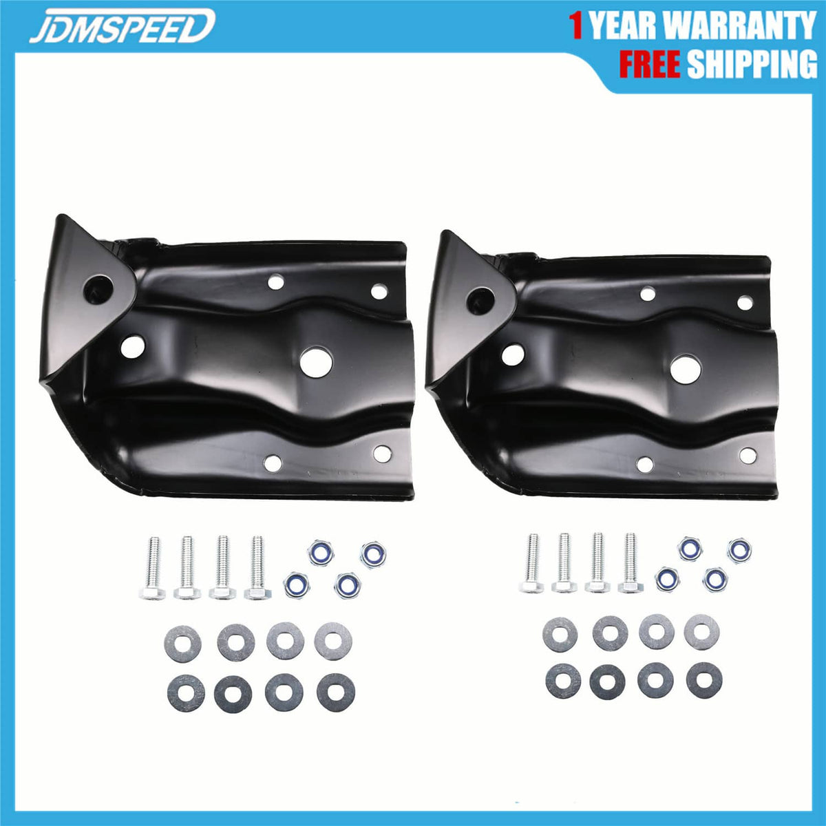 Rear leaf spring hanger shackle brackets with mounting bolts and washers, black steel pair