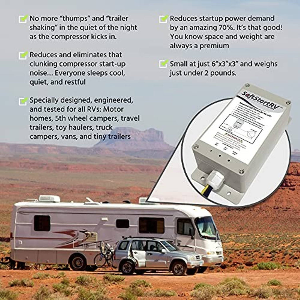 SoftStartRV soft start unit mounted on RV, illustrated benefits on screen