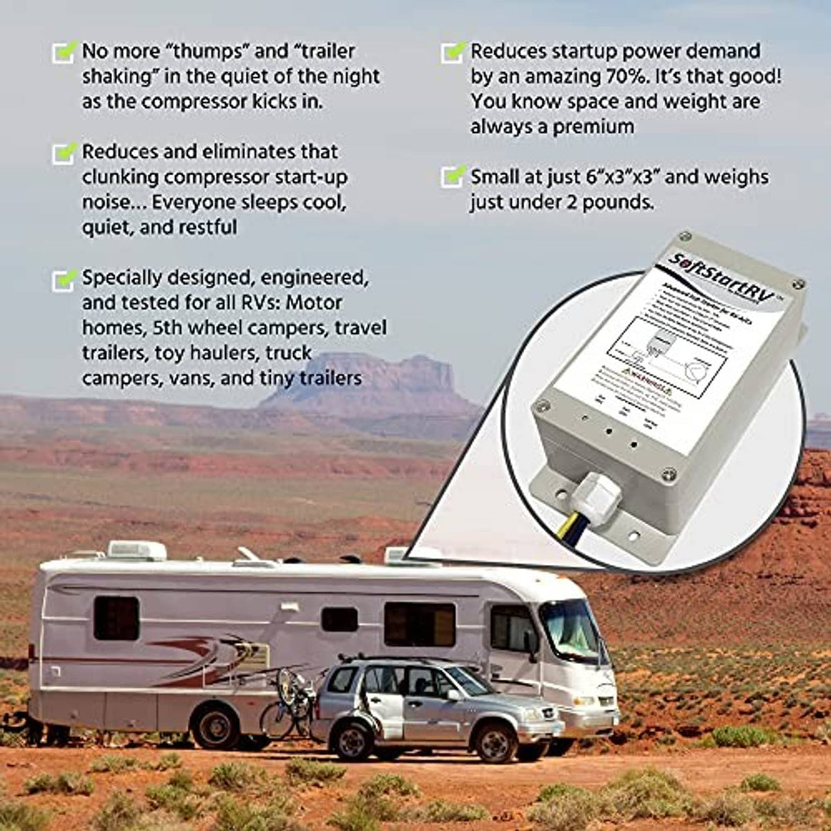 SoftStartRV soft start unit mounted on RV, illustrated benefits on screen