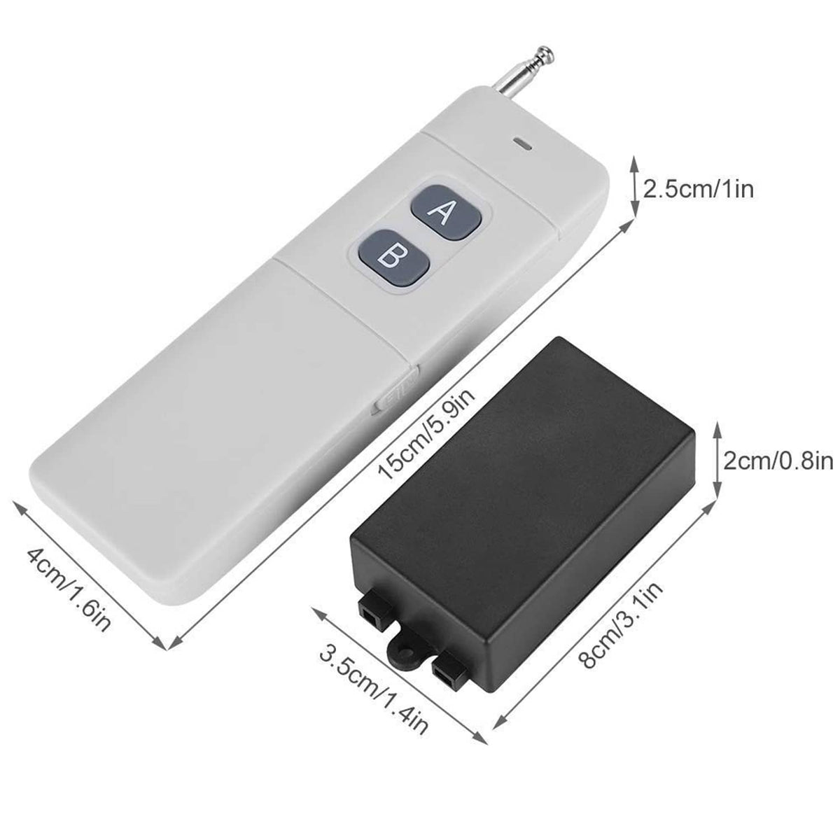 RF remote transmitter and black receiver with antenna; size diagram labels on image