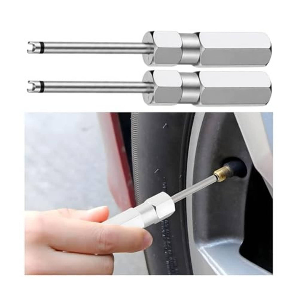 Magnetic valve core removal tool with long metal shaft and white handle, two-pack