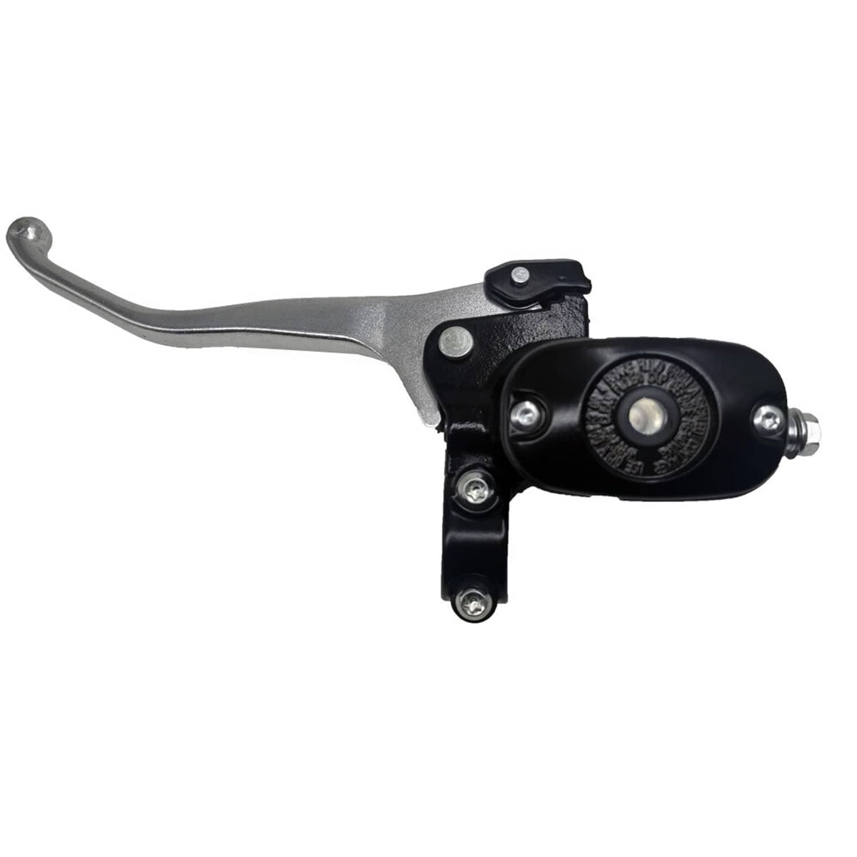Front brake master cylinder with lever, black housing and silver lever