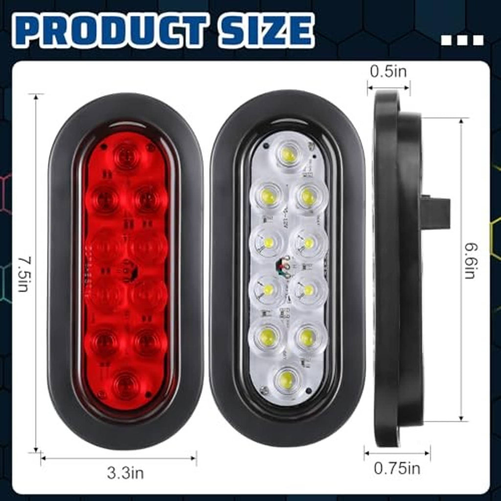 Oval LED trailer light showing red lens and clear lens with white LEDs, black housing