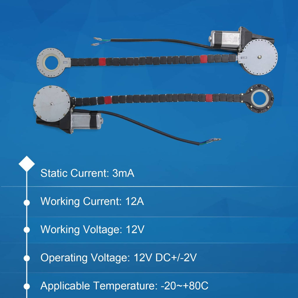Pair of electric window actuator arms with round lift plates and connected wiring