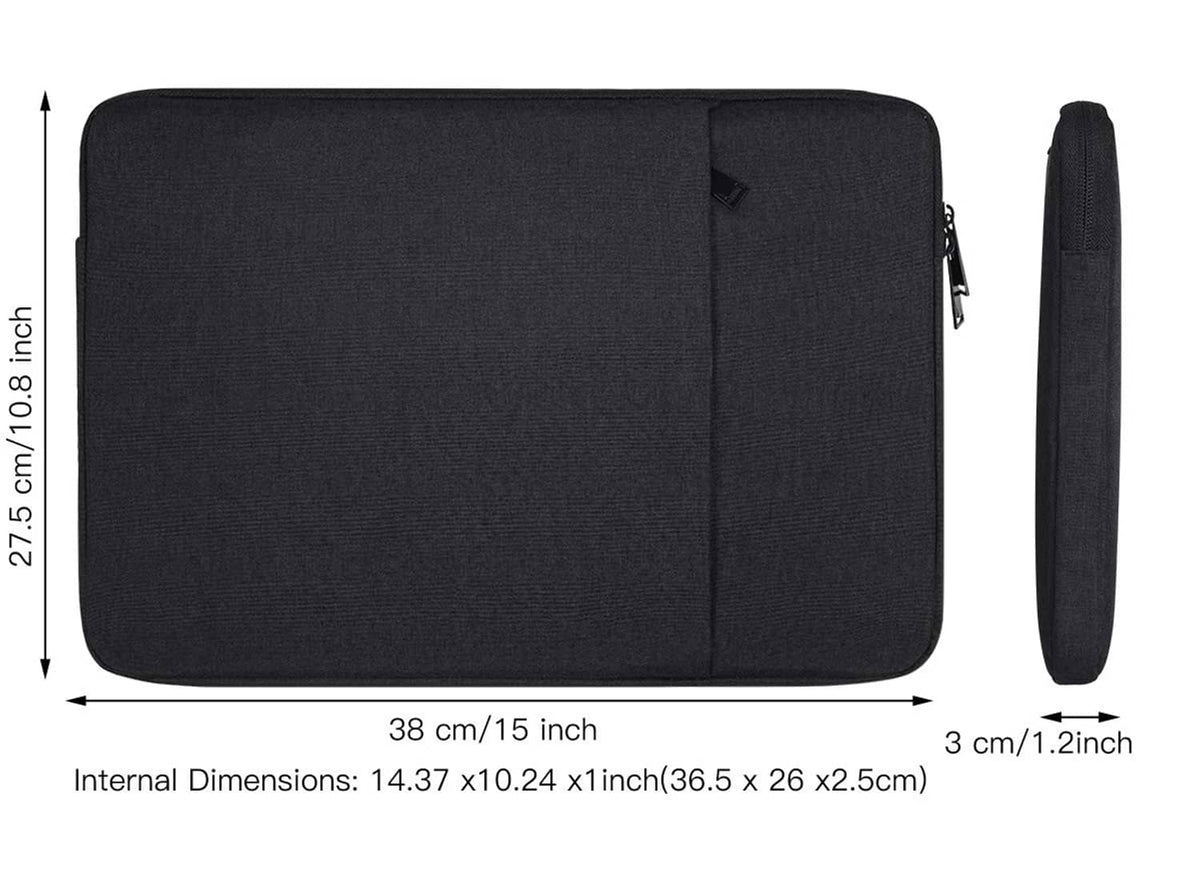 Black rectangular tablet sleeve case with zipper and attached side strap