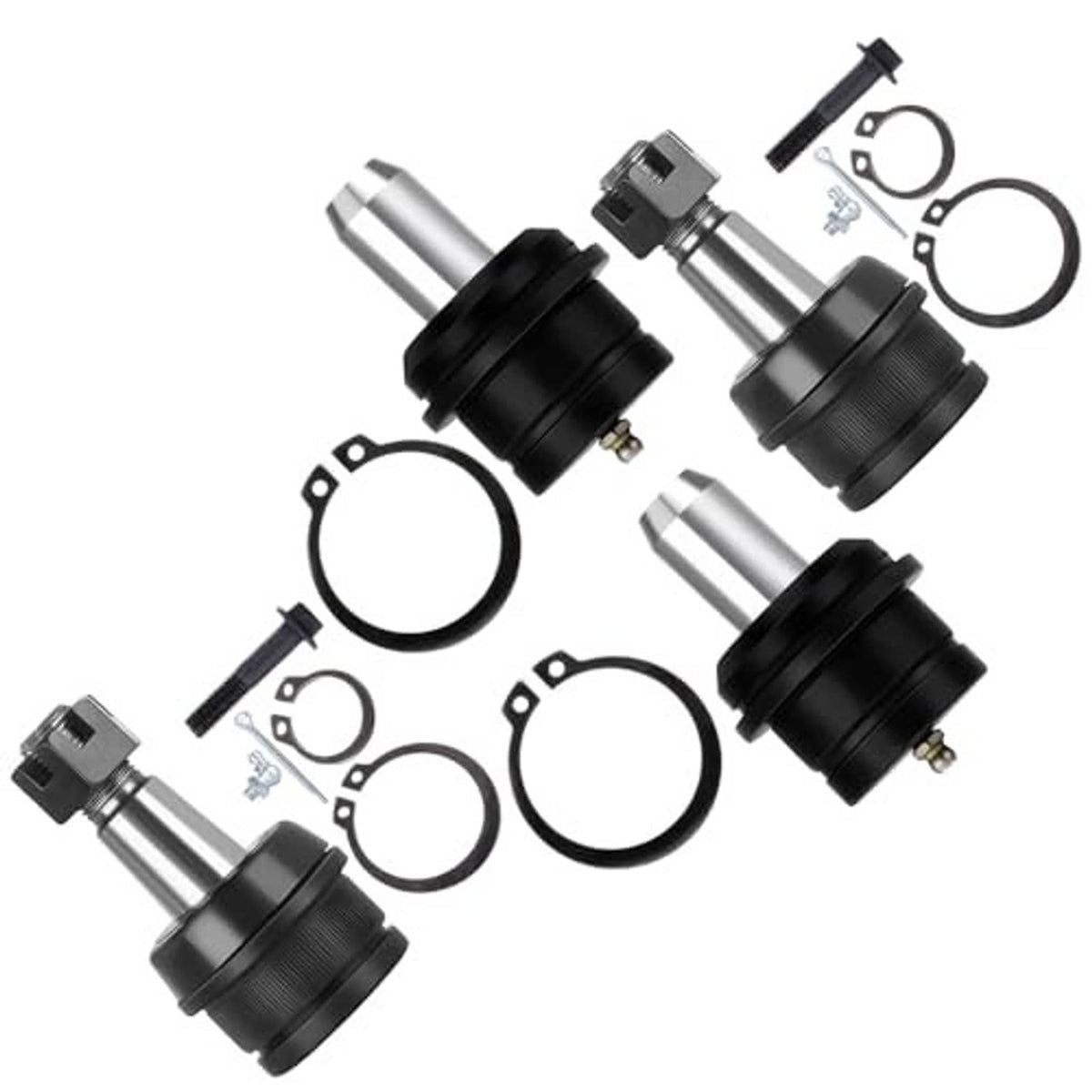 Four front suspension ball joints with black rubber boots, metal shafts, and seals