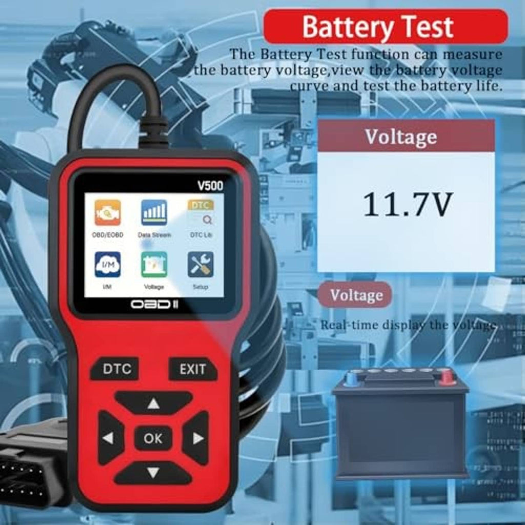 Red OBD2 scanner tool with display showing voltage and battery test