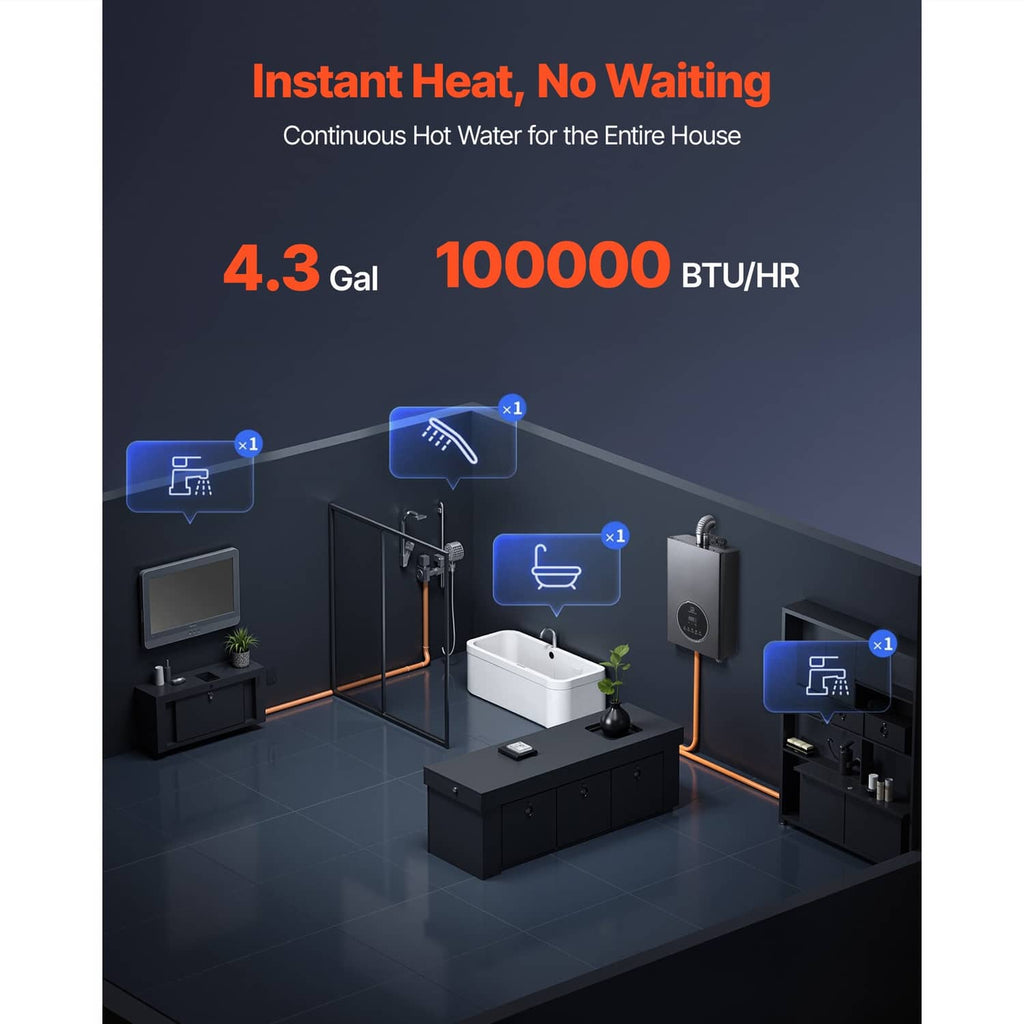 Propane tankless water heater showing continuous hot water setup with outlet plumbing