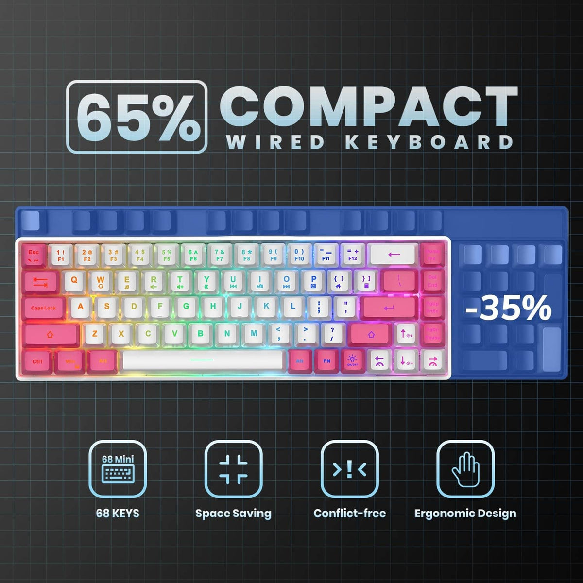 65% compact wired gaming keyboard with white and pink keys and RGB backlighting