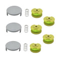 String trimmer replacement spool set with green line spools, gray caps, and metal springs