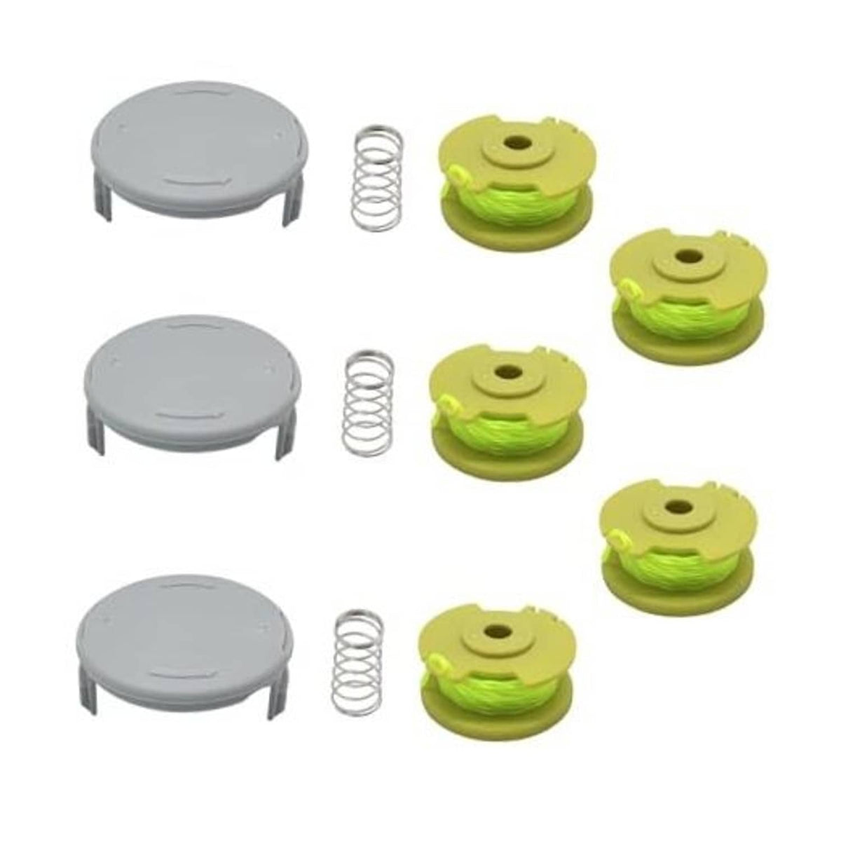 String trimmer replacement spool set with green line spools, gray caps, and metal springs