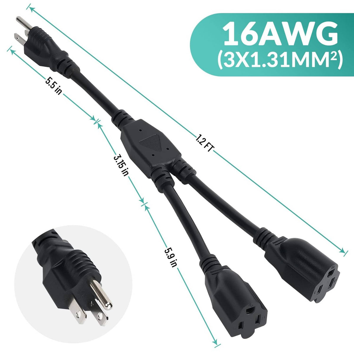 Black 3-prong Y-split power extension cable with dual grounded plugs