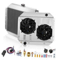 Aluminum radiator with dual electric fans, thermostat switch, and wiring harness kit