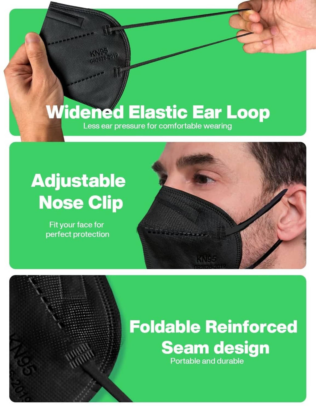 Black KN95 mask with widened elastic ear loops and adjustable nose clip