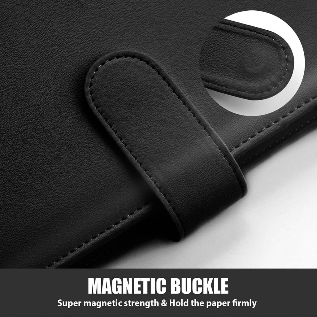 Close-up of black magnetic buckle strap on the A5 6-ring binder