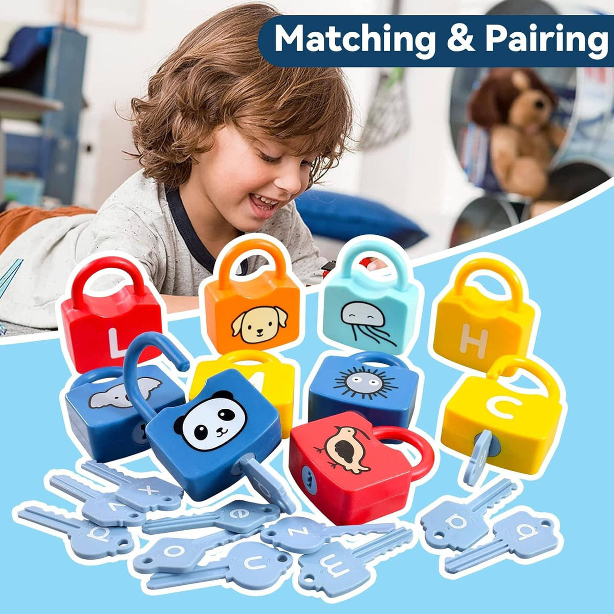 Alphabet lock set with colorful animal padlocks and multiple metal keys