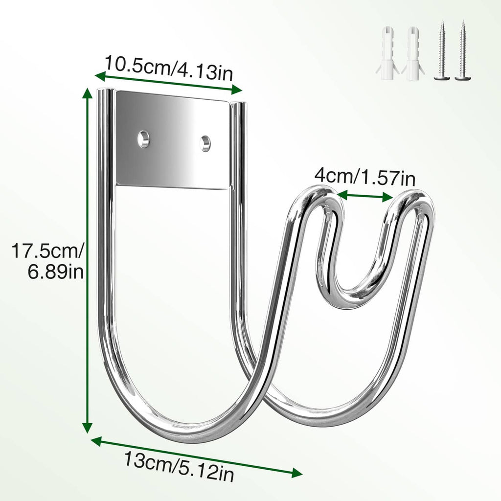 Silver stainless steel hose holder bracket with two curved hooks, wall plate