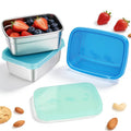 Tanjiae 3-pack stainless steel snack containers with silicone dino lids, blue and teal