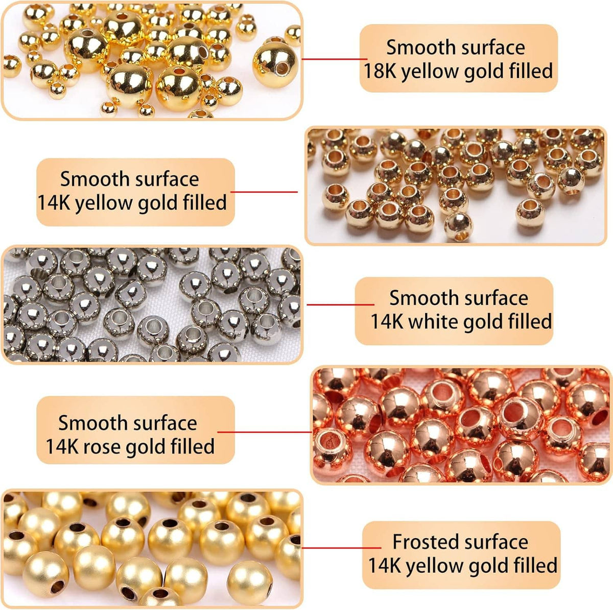 Smooth gold-filled rondel beads in rose, yellow, white finishes; round with side holes
