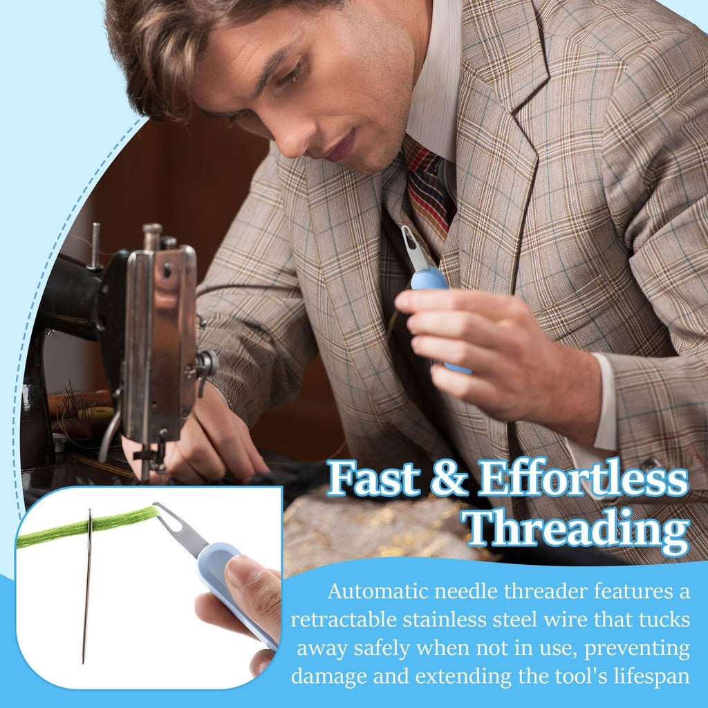 Automatic needle threader tool in blue used near a sewing machine by a tailor.