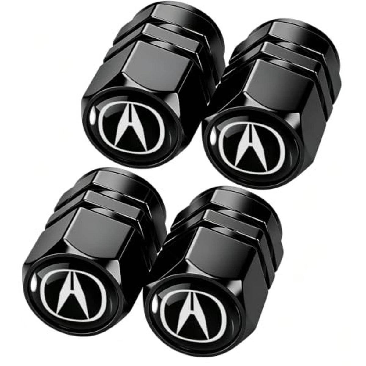 Four black metal valve stem caps with Acura logo, glossy faceted hex sides