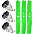 Mower deck rebuild kit: three green mower blades with three spindle assemblies