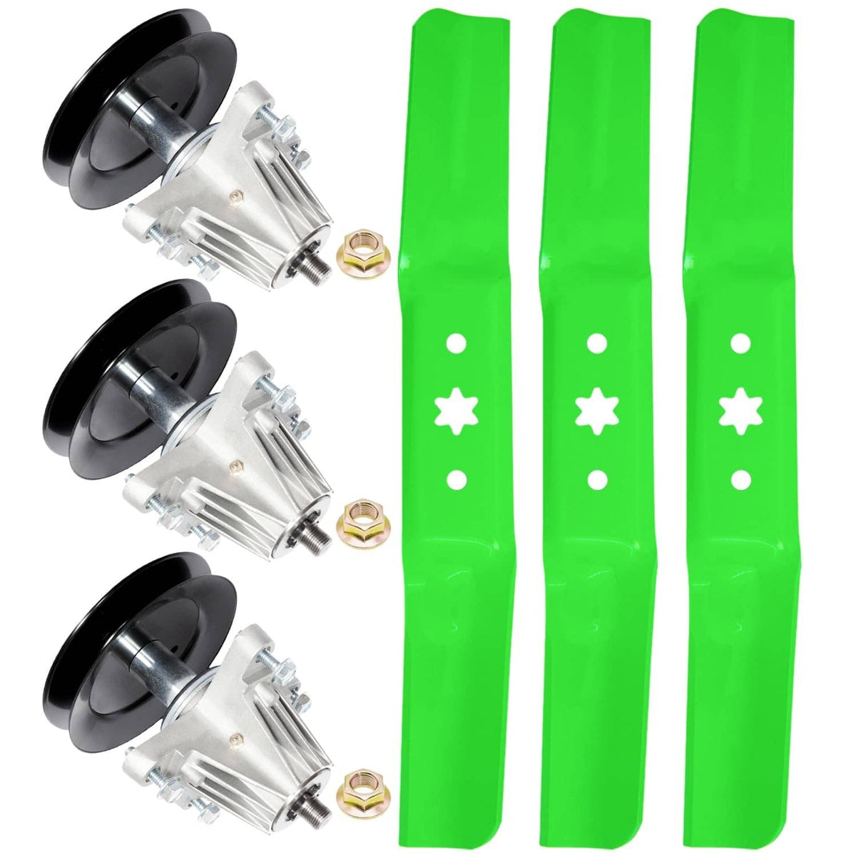 Mower deck rebuild kit: three green mower blades with three spindle assemblies