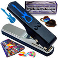 Blue guitar pick punch with metal anvil and included design strips
