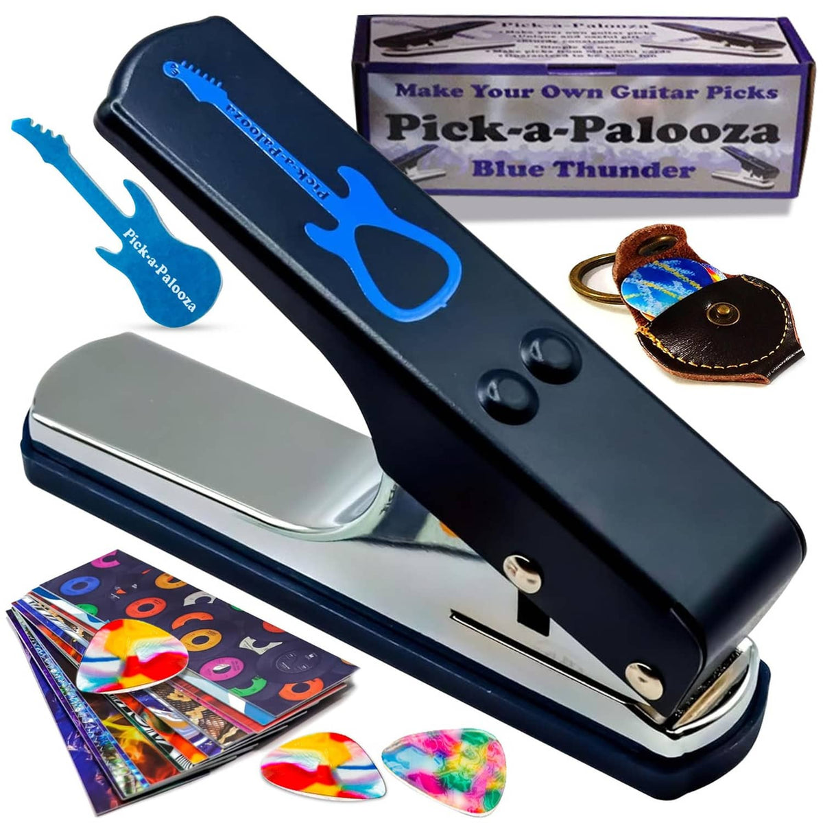 Blue guitar pick punch with metal anvil and included design strips