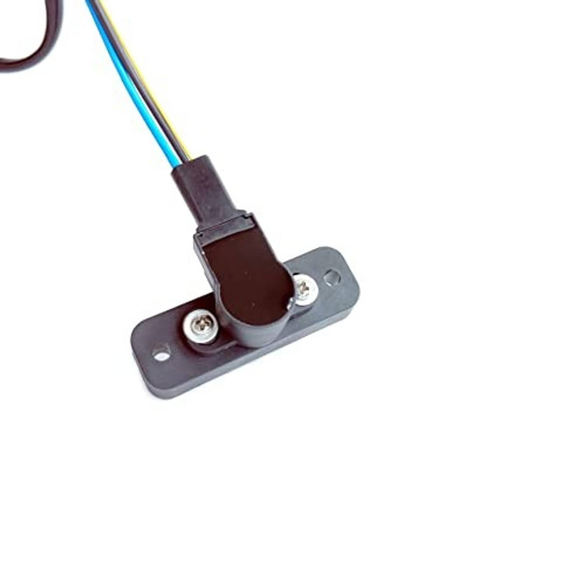 Marine trim sender close-up: black sensor on metal mount with two colored wire leads