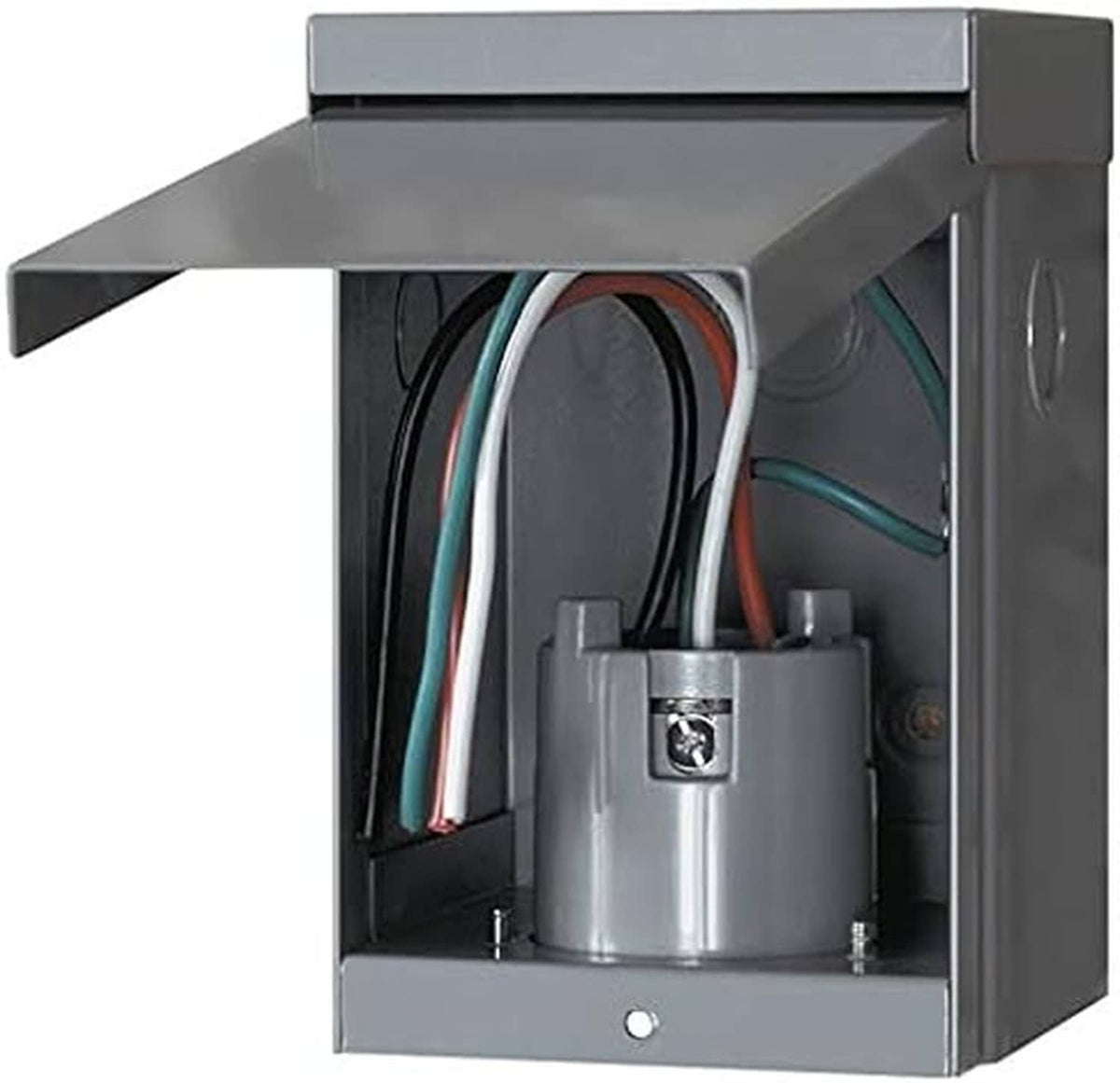 Rainproof power inlet box with open side showing internal wiring and metal components
